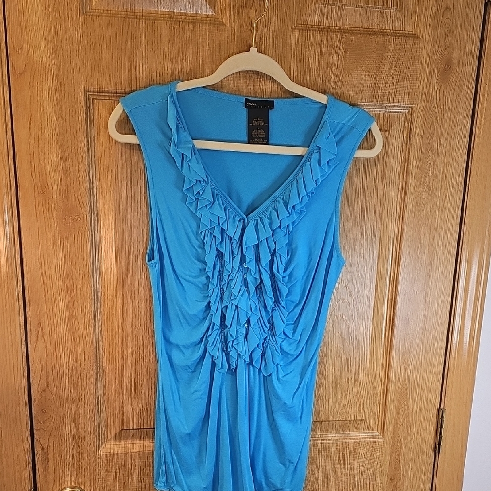 Grace Elements Blue Ruffle Sleeveless Blouse